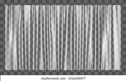 Realistic stretched white plastic warp. Polyethylene background. Vector transparent cellophane mockup.