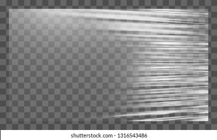 Realistic stretched white plastic warp. Polyethylene background. Vector transparent cellophane mockup.