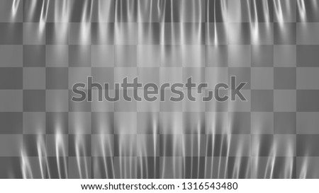 Realistic stretched white plastic warp. Polyethylene background. Vector transparent cellophane mockup.