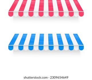 Realistic striped awning marquee in different colours. Vector illustration on white background. Front view. Ready for your design. EPS10.