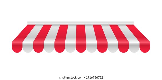 Realistic striped awning. Red and white sunshade. Shelter for the store. Outdoor tent for shop, market and cafe. Vector illustration. svg