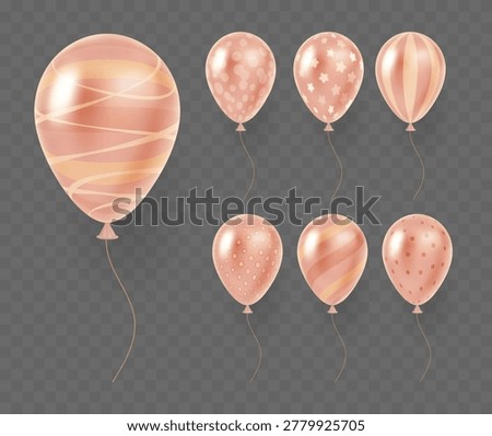 Realistic striped balloons. Inflated orbs at strings. Room decoration from third party developers. 3D helium balls with featuring various patterns stars, stripes and dots. Vector garland elements set