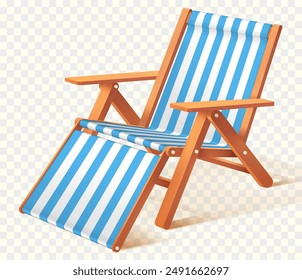 Realistic striped beach chair for relaxation. Wooden deckchair for summer leisure. Isolated vector illustration
