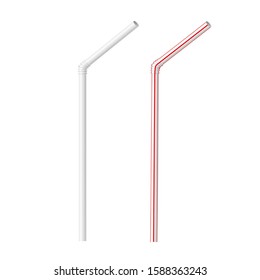 Realistic striped red white and blank plastic drinking straw. Cocktail drink, juice or water straw. Vector pipes for drink.