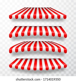 Realistic striped shop sunshade. Store awning. Shop tent isolated set. Vector illustration.