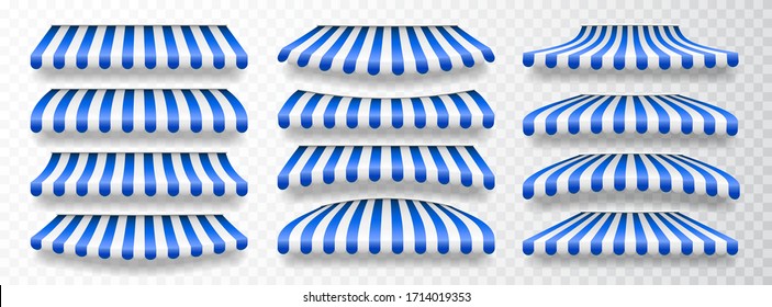 Realistic striped shop sunshade. Store awning. Shop tent isolated set. Vector illustration.