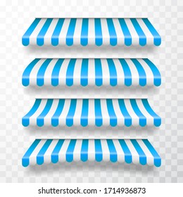 Realistic striped shop sunshade. Store awning. Shop tent isolated set. Vector illustration.