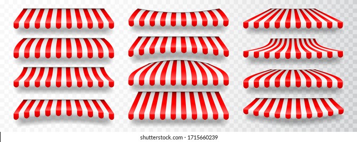 Realistic striped shop sunshade. Store awning. Shop tent isolated set. Vector illustration.