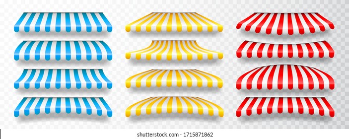 Realistic striped shop sunshade. Store awning. Shop tent isolated set. Vector illustration.