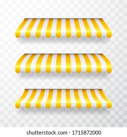 Realistic striped shop sunshade. Store awning. Shop tent isolated set. Vector illustration.