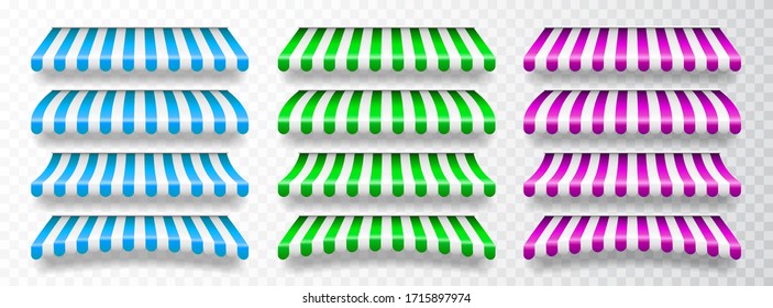 Realistic striped shop sunshade. Store awning. Shop tent isolated set. Vector illustration.