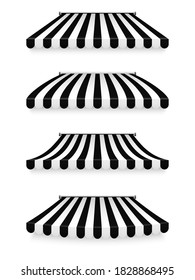 Realistic striped shop sunshade. Store awning. Roof canopy. Shop tent set. Vector illustration.