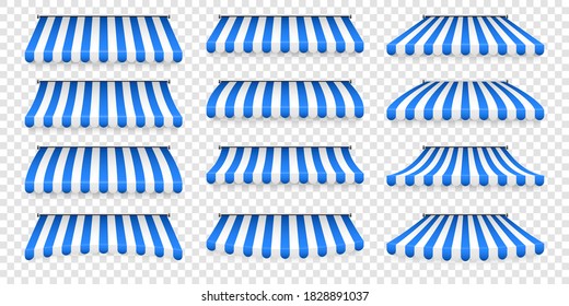 Realistic striped shop sunshade. Store awning. Roof canopy. Shop tent set. Vector illustration.