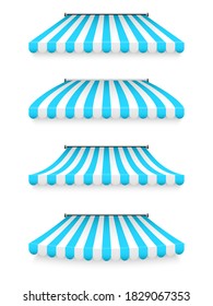 Realistic striped shop sunshade. Store awning. Roof canopy. Shop tent set. Vector illustration.