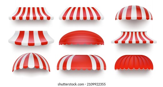 Realistic striped store sunshade awning, shop canopy. Red and white market umbrella. Front tent roof for shop showcase designs vector set. Cafe or restaurant exterior shade elements