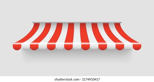 Alambre de sombra de la tienda a rayas, toldo de la tienda. Paraguas del mercado rojo y blanco. Techo de carpa frontal para el diseño de la vitrina de la tienda. Cafetería o restaurante con elementos de sombra. Ilustración del vector