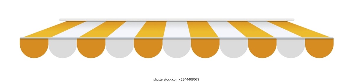 Realistic striped store sunshade awning, shop canopy. Yellow and white market umbrella. Front tent roof for shop showcase designs vector set. Cafe or restaurant exterior shade elements