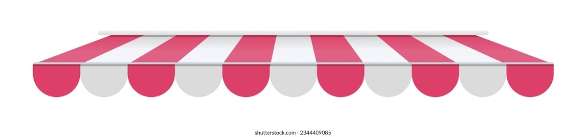 Realistic striped store sunshade awning, shop canopy. Pink and white market umbrella. Front tent roof for shop showcase designs vector set. Cafe or restaurant exterior shade elements