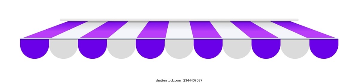 Realistic striped store sunshade awning, shop canopy. Purple and white market umbrella. Front tent roof for shop showcase designs vector set. Cafe or restaurant exterior shade elements