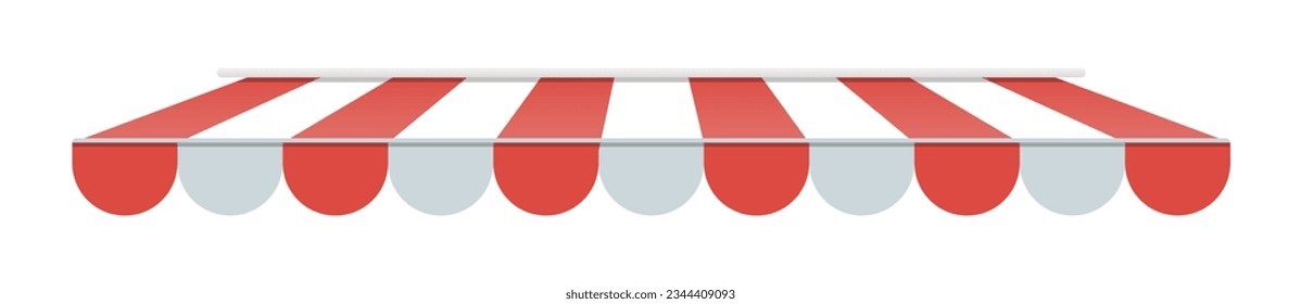 Realistic striped store sunshade awning, shop canopy. Red and white market umbrella. Front tent roof for shop showcase designs vector set. Cafe or restaurant exterior shade elements