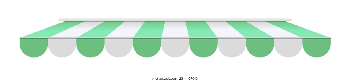 Realistic striped store sunshade awning, shop canopy. Green and white market umbrella. Front tent roof for shop showcase designs vector set. Cafe or restaurant exterior shade elements