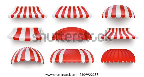 Realistic\
striped store sunshade awning, shop canopy. Red and white market\
umbrella. Front tent roof for shop showcase designs vector set.\
Cafe or restaurant exterior shade\
elements