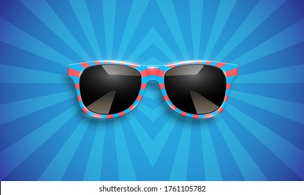 Realistic striped sunglasses on blue background, vector illustration