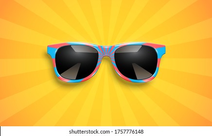 Gafas de sol realistas a rayas sobre fondo amarillo, ilustración vectorial