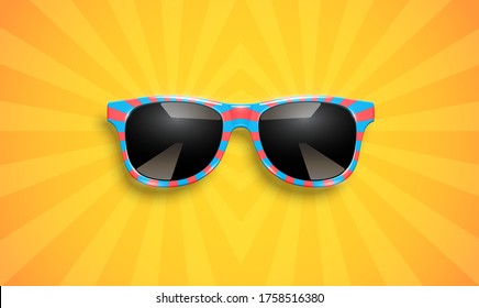 Realistic striped sunglasses on yellow background, vector illustration