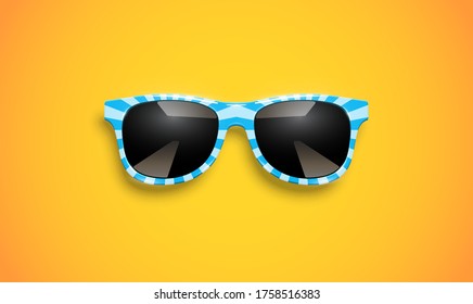 Realistic striped sunglasses on yellow background, vector illustration