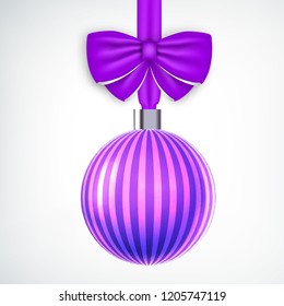 Realistic striped violet christmas ball decorated with ribbon on white background vector illustration