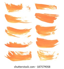 Realistic strokes wet orange paint on a white surface 3. Vector drawing
