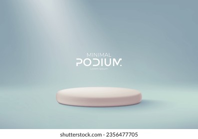 Realistic studio in pastel colours, dusty coral podium with soft edges on pale or smoke blue background with glow. Vector illustration for website, presentation or print materials