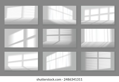 Realistic studio shadow backgrounds. Natural lighting effect shadows cast by window frames and blinds gobo on wall and floor vector set.