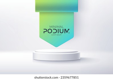 Realistic studio of white podium in front of colorful ribbon on white background with glow. Vector illustration for website, presentation or print materials