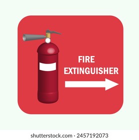 Realistic style fire extinguisher sign placed into a red rectangle with an arrow and text Fire extinguisher. Vector illustration isolated on white.