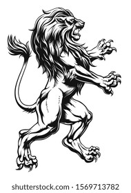 Realistic Style Heraldic Lion Black And White. Vector Illustration.