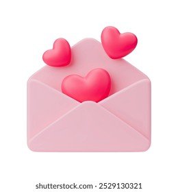 Realistic style love letter with heart inside. Pink love message. 3D vector illustration of receiving a Valentines letter. An envelope isolated on a white background.