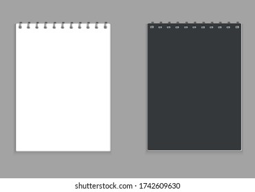 Realistic style notebook layout. Two types of teradi with a black cover and white, fastening a spiral, collect sheets. Blank notepad template for business, office writing or education. Vector image.
