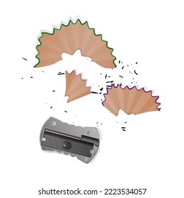 Realistic style pencil a sharpener, pencil shavings and a graphite isolated on white background. Vector illustrations