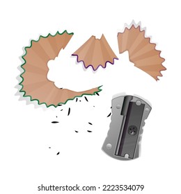 Realistic style pencil a sharpener, pencil shavings and a graphite isolated on white background. Vector illustrations