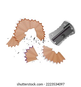 Realistic style pencil a sharpener, pencil shavings and a graphite isolated on white background. Vector illustrations