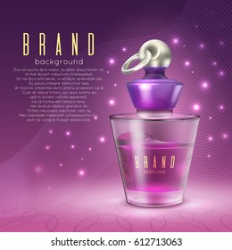 Realistic style vector illustration Great advertising poster For perfume glass bottle.Perfume on an abstract pink background