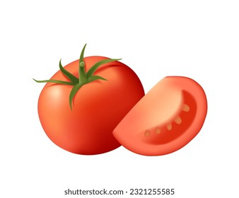 Realistic style whole and slice sweet tasty tomato vegetable with green leaves vector illustration isolated on white background