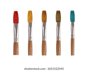 Realistic style wooden paint brush vector illustration with multiple colorful paint options. Isolated on transparent background, perfect for art, craft, design and drawing.