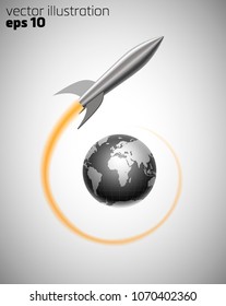 realistic stylized cartoon metal rocket takes off from planet earth globe and flies around