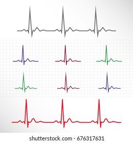 Realistic and stylized elements and lines of normal ECG in different colors with background.