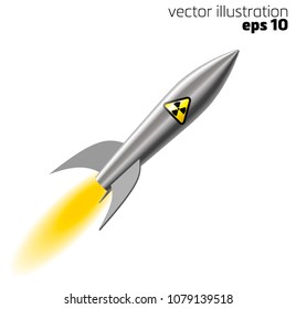 realistic stylized missile with nuclear weapons flies