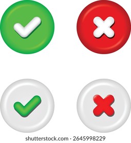 Realistic stylized right and wrong 3D buttons. Glossy round check mark and cross mark signs. Approval and incorrect buttons. Symbols of acceptance and rejection. editable Vectors illustrations.
