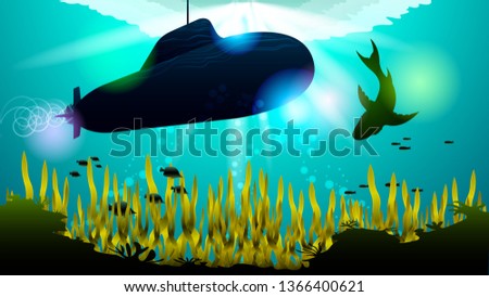 Realistic Submarine and shark under the water among the corals and algae, in the sunlight. Light effects at the bottom of the sea. Beautiful photorealistic vector illustration of the underwater world.